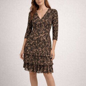 Black Paisley Elegance Tiered Ruffle Dress with a Brown/tan background color